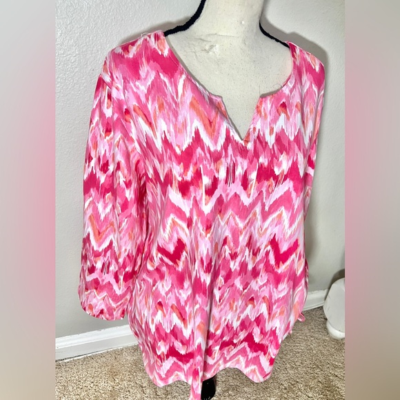 Alfred Dunner Long Sleeve Shirt Size Xl Pink White Printed Cotton V-Neck Casual - Picture 5 of 6